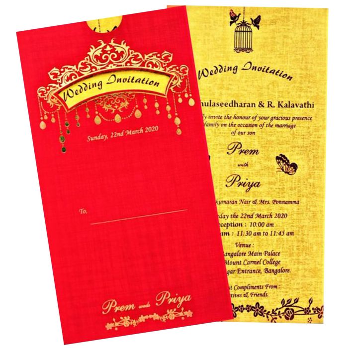 Red single sheet card rectangle shape cut front of envelope with cream insert