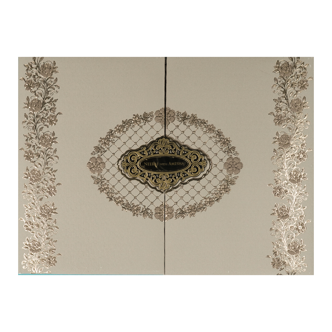 Check out Grey Gold Floral Padded Wedding Card at best price. ✅WhatsApp Support ✅Express Delivery.|King of cards.