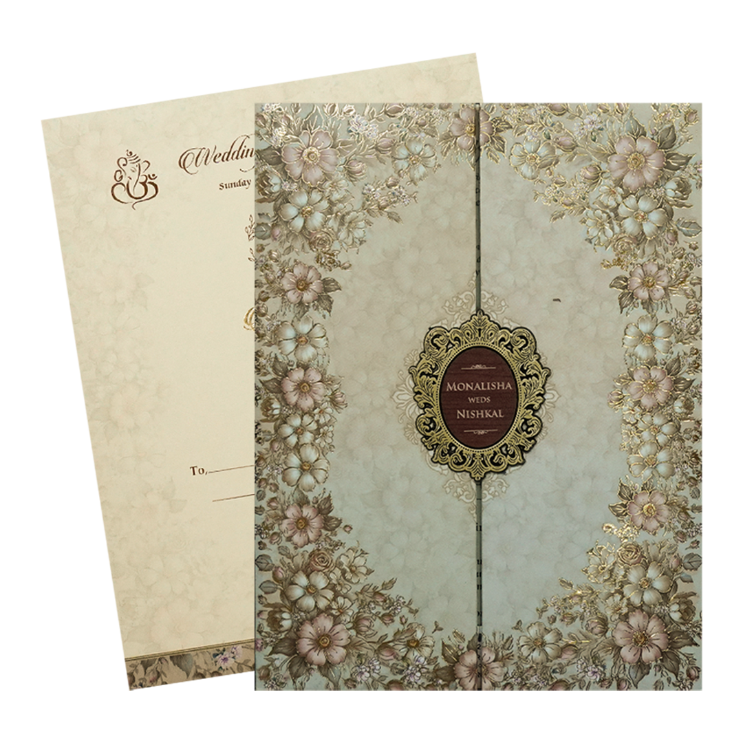 Cream Beige Floral Padded Wedding Card-KSH72410