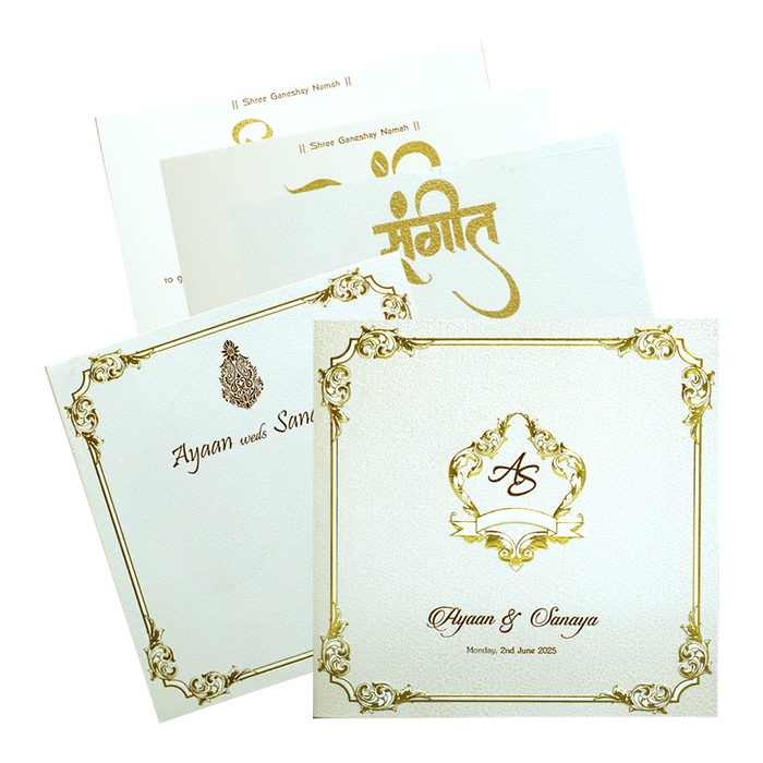 Pearl White Gold Floral Box Invitation Card-King of Cards