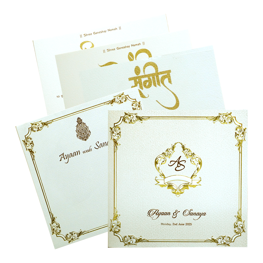 Pearl White Gold Floral Box Invitation Card-KRC30240