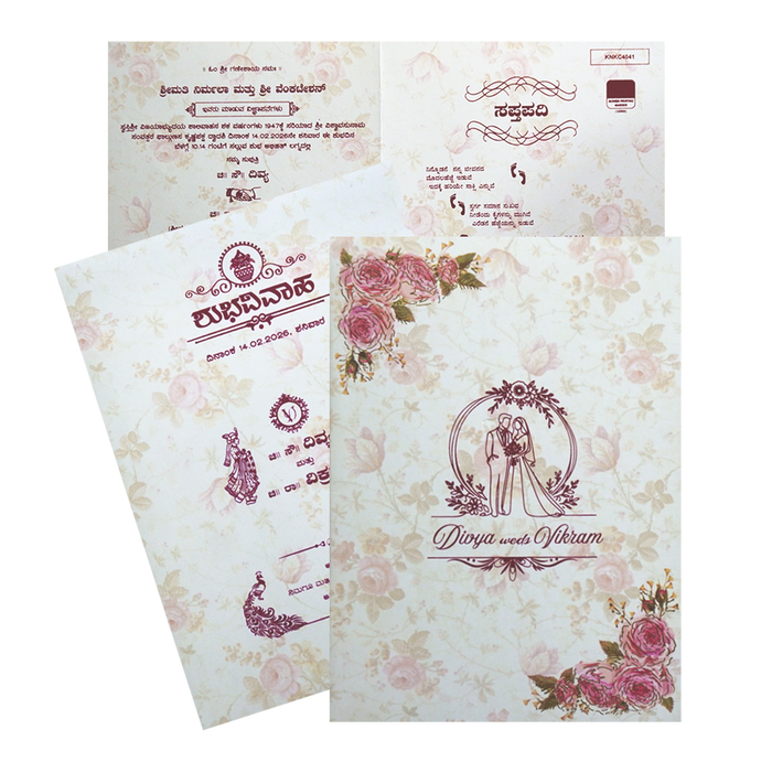 Pink Classic Uncoated Floral Invitation Card In Offset-KNKC4041-King of Cards
