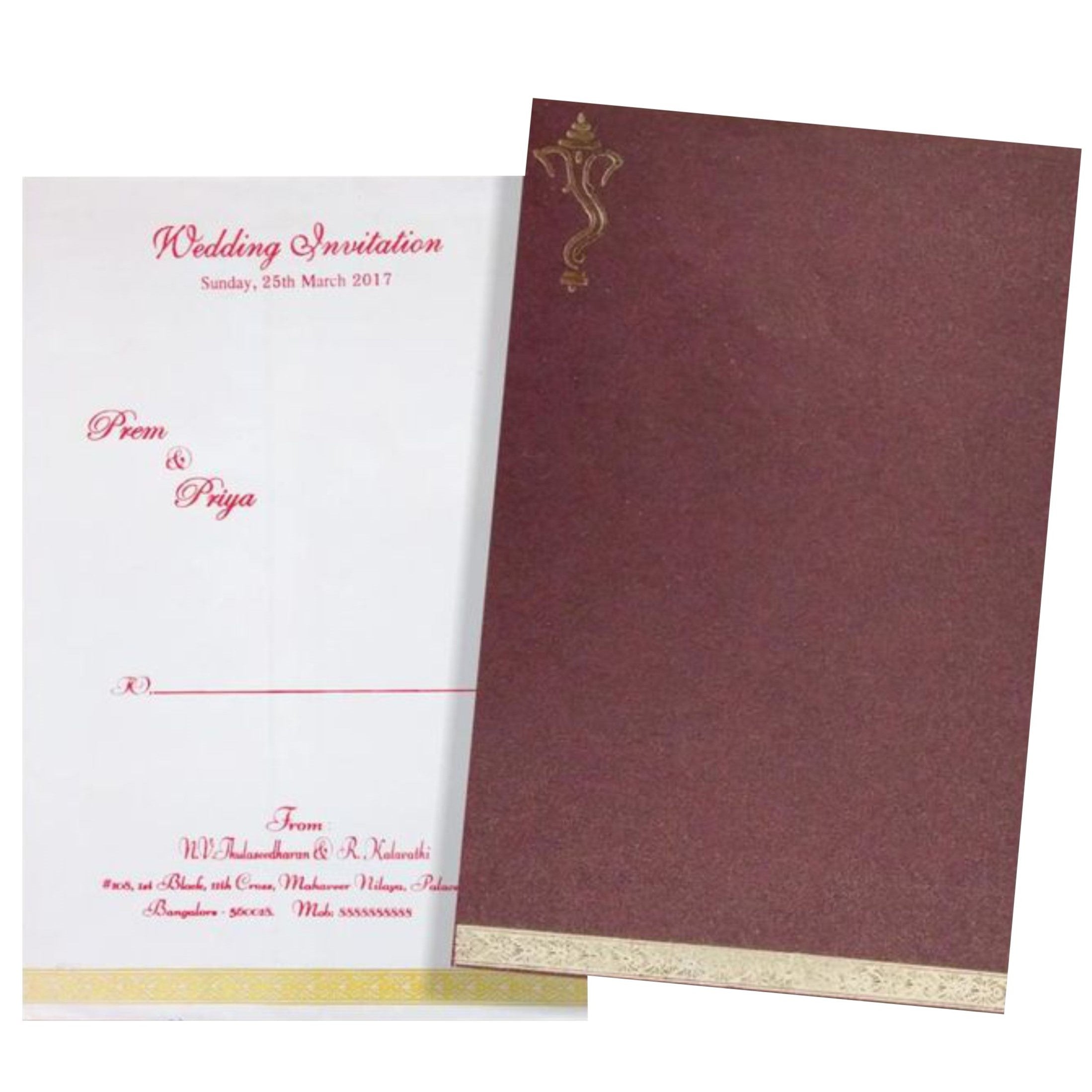 Elegant and super smooth Brown single sheet with ganesha in gold foiling and one insert invitation card! Buy now! &