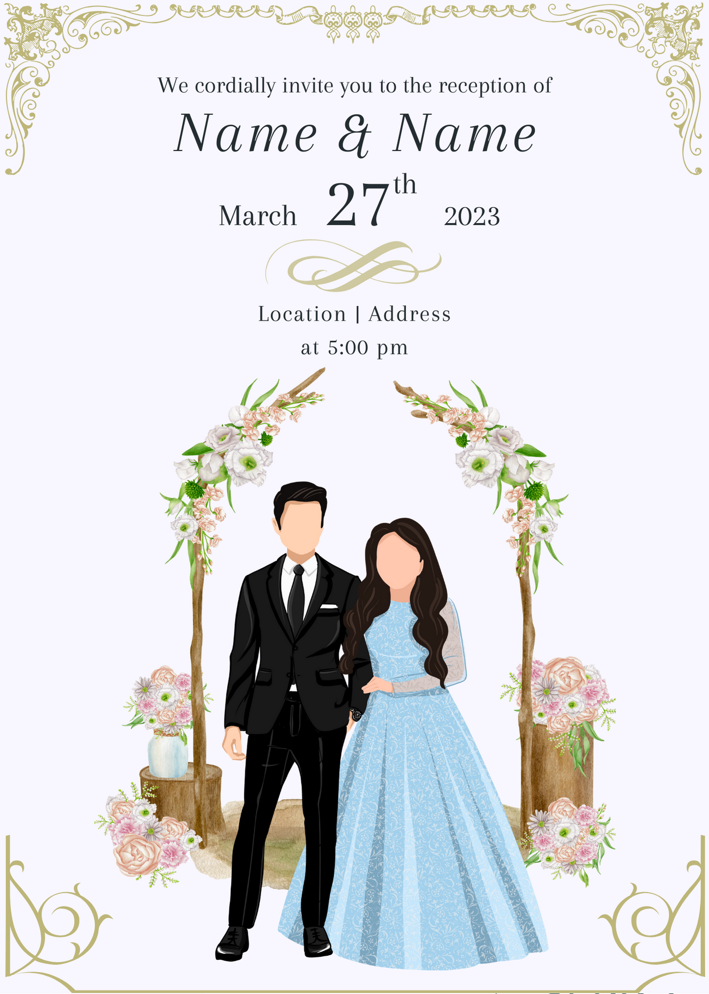 Blue Romantic Floral Arch Wedding Reception Invitation-AAWPI002