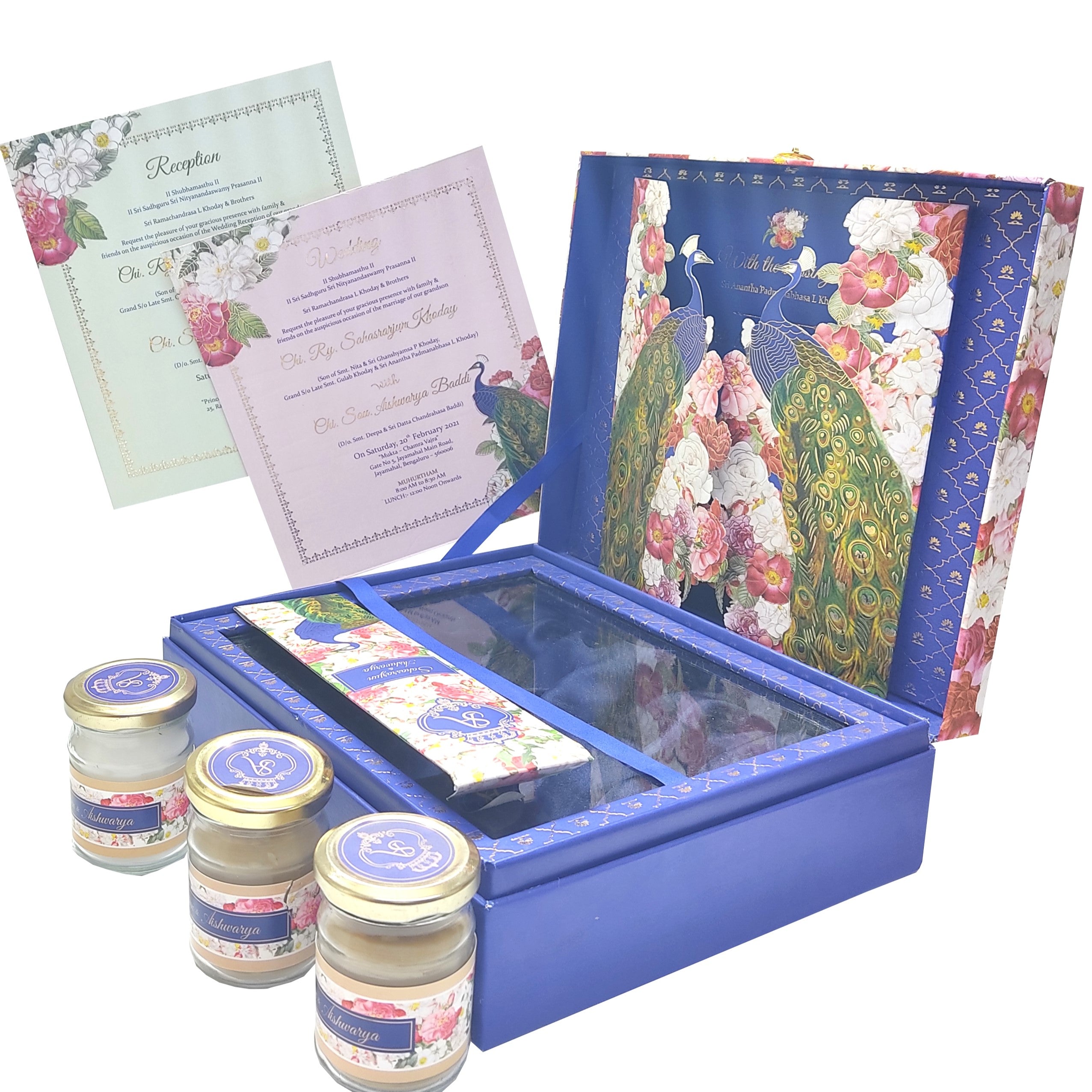 Create a sense of excitement and anticipation for your event with our blue ultra floral luxury invite. This box invitation card features two beautiful peacocks on the top surface of the box with bride and groom wedding logo.