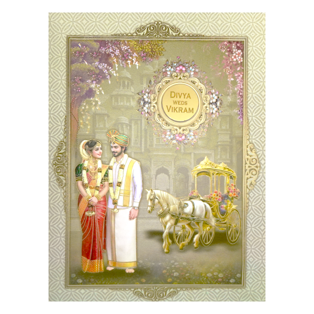 Green Bride & Groom and chariot Wedding Card-KNKC4080