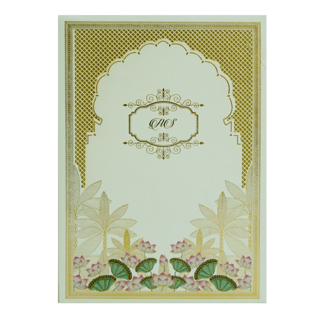 Cream Floral Lotus Wedding Card-Kbm04610