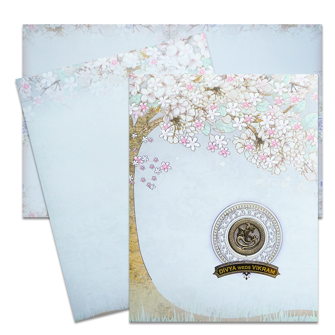 Check Out Grey Cherry Blossom Wedding Card at best price. ?WhatsApp Support ?Express Delivery. | King of Cards