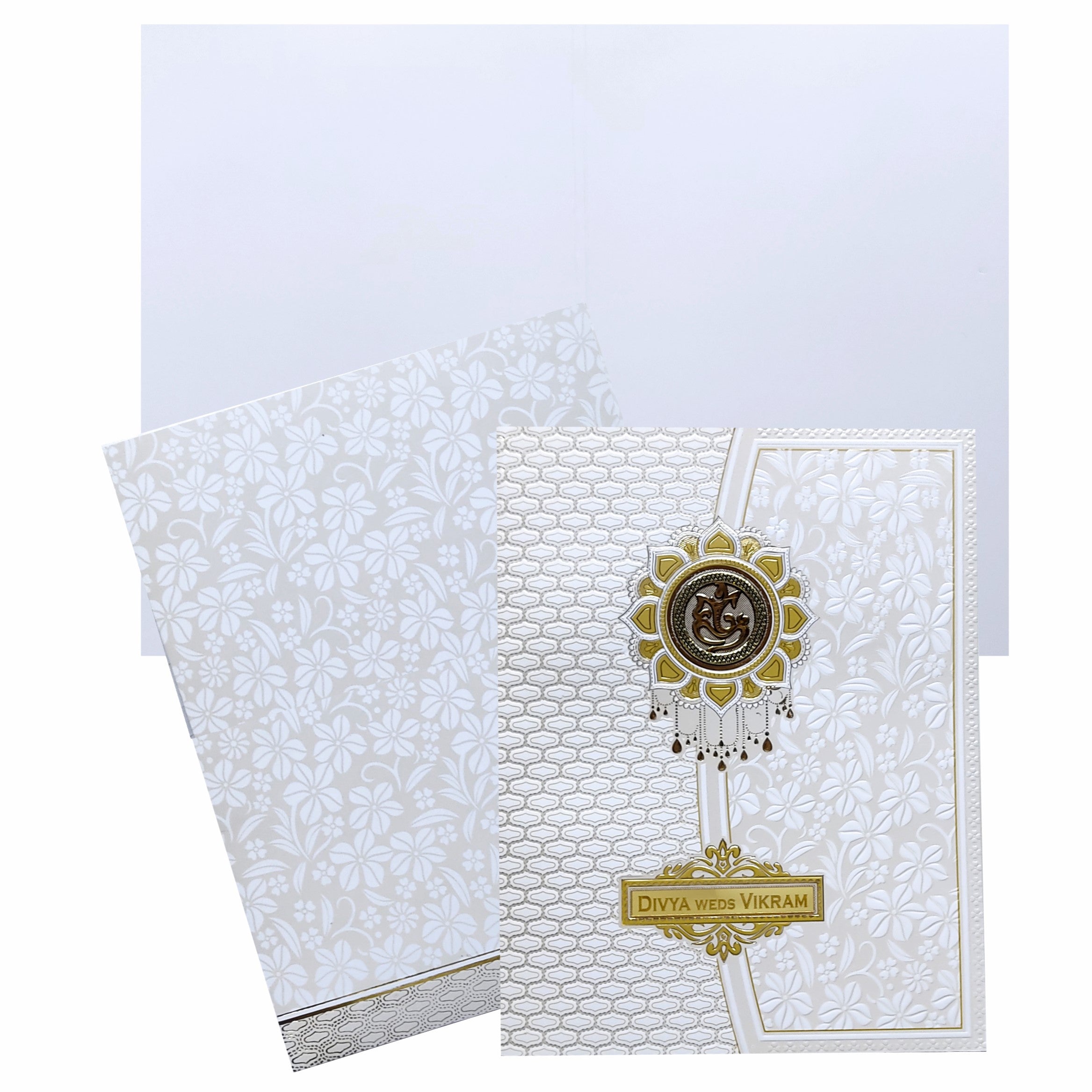 White Embossed Floral Wedding Card-KNK4107W