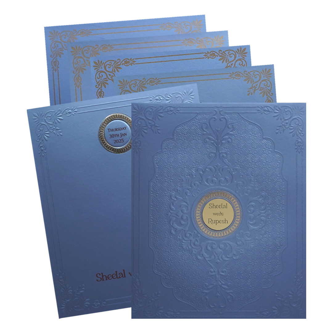 Make your event special with our exclusive Blue Embossed Wedding Card. Shop now! ?WhatsApp Support ?Express Delivery.
