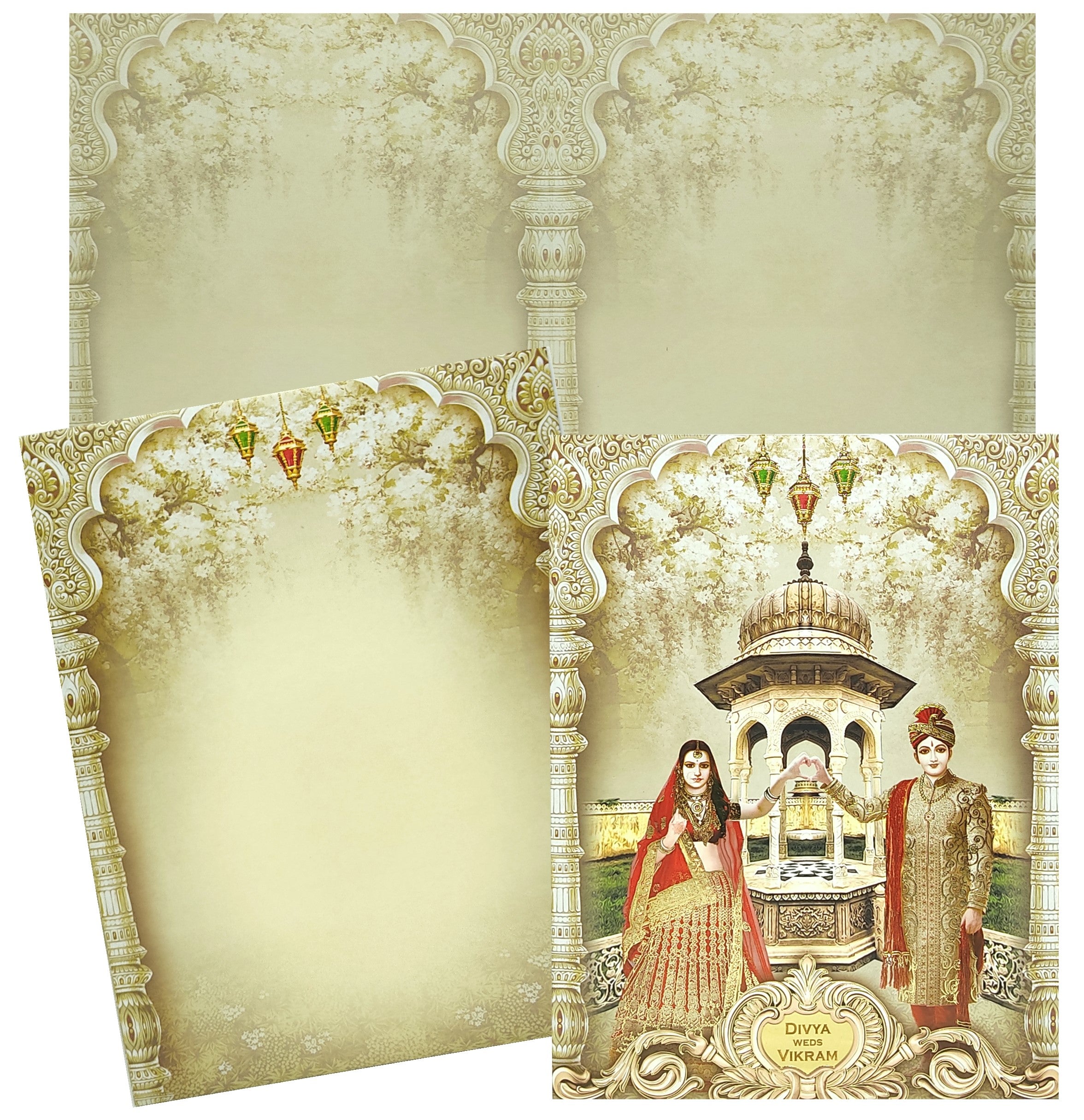 Have you seen a Fictional story demonstration on an invite with bride and groom forming a heart shape with their hands? Take a look at this amazing invitation card.