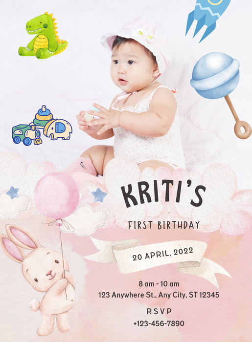 Pink Watercolour Kids Birthday Invitation-King of Cards