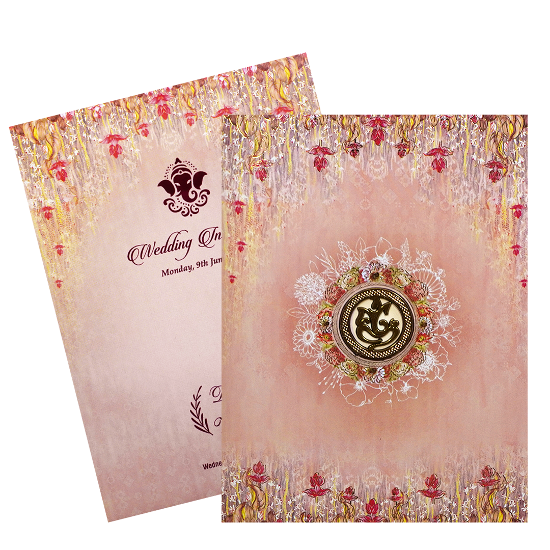 Orange Classic Floral Wedding Card In Offset Print-KNKC4056