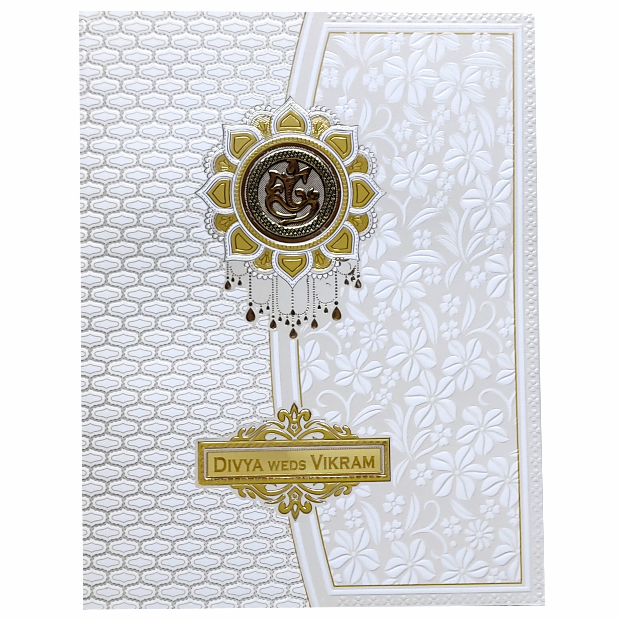 White Embossed Floral Wedding Card-KNK4107W