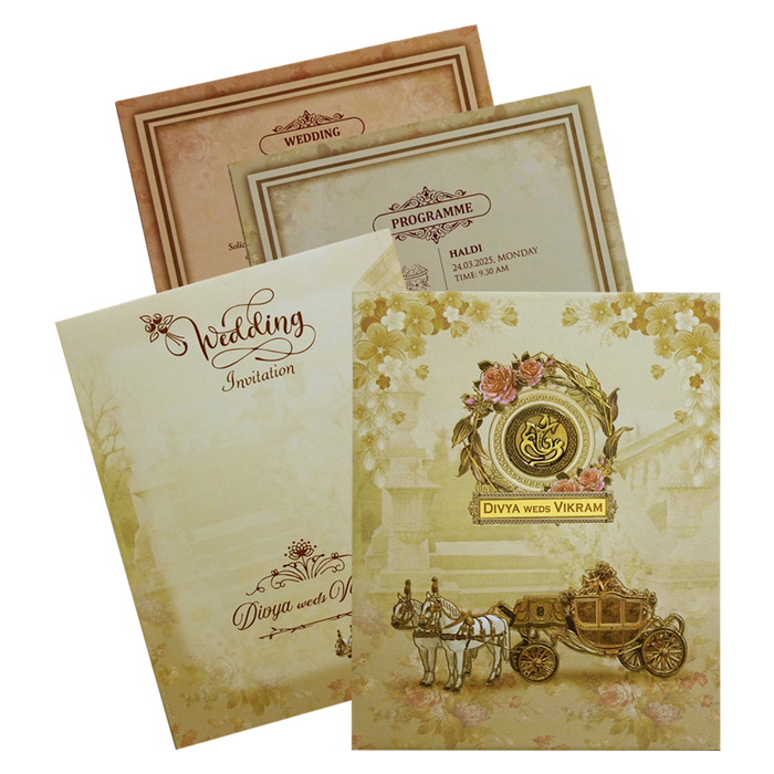 Celebrate in style with customized Cream Horse Chariot Padded Wedding Card Order now! ?WhatsApp Support ?Express Delivery.