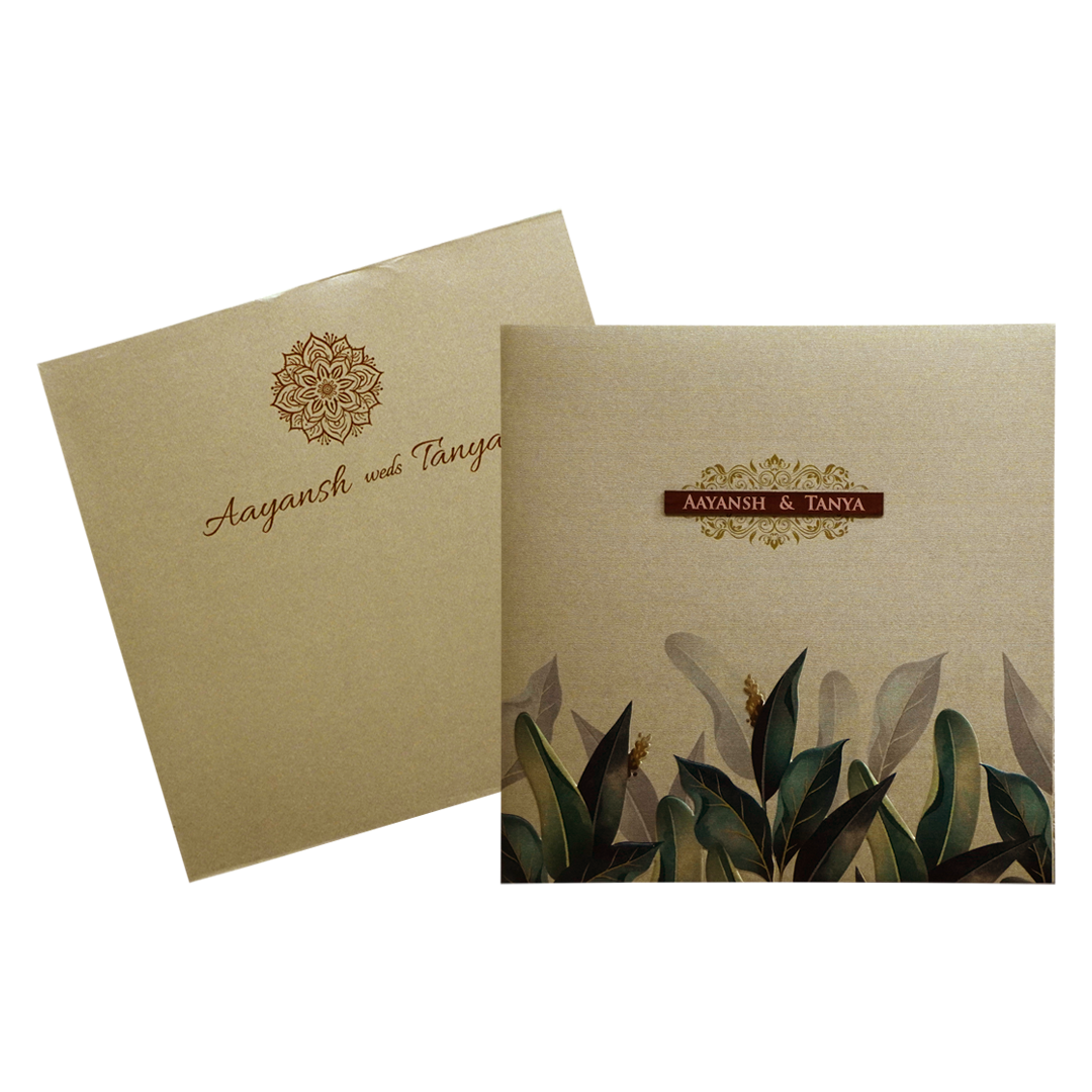 Khaki Embossed Leaf Wedding Invitation-KRC30602