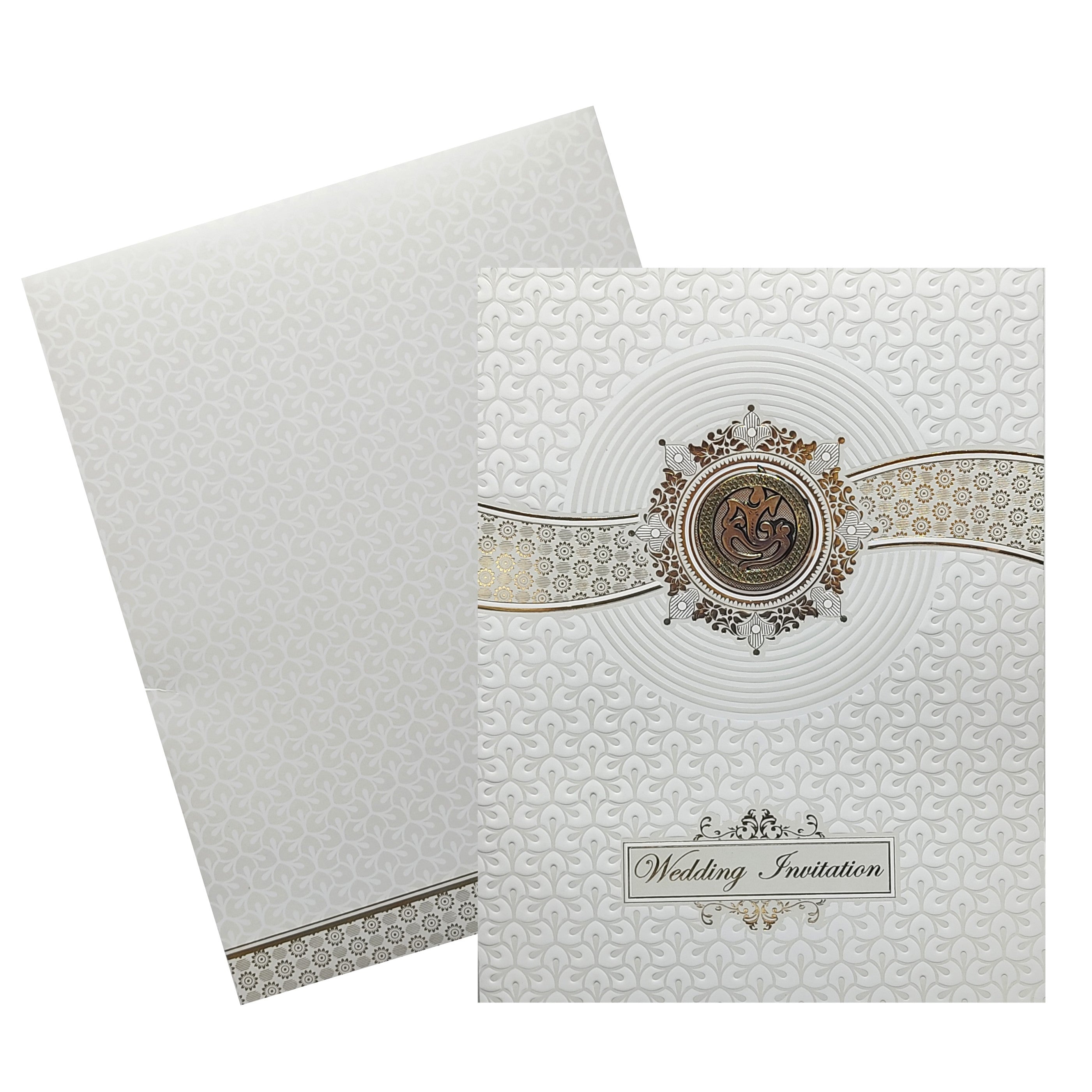 White Embossed Ganesha Wedding Card-KNK4105W