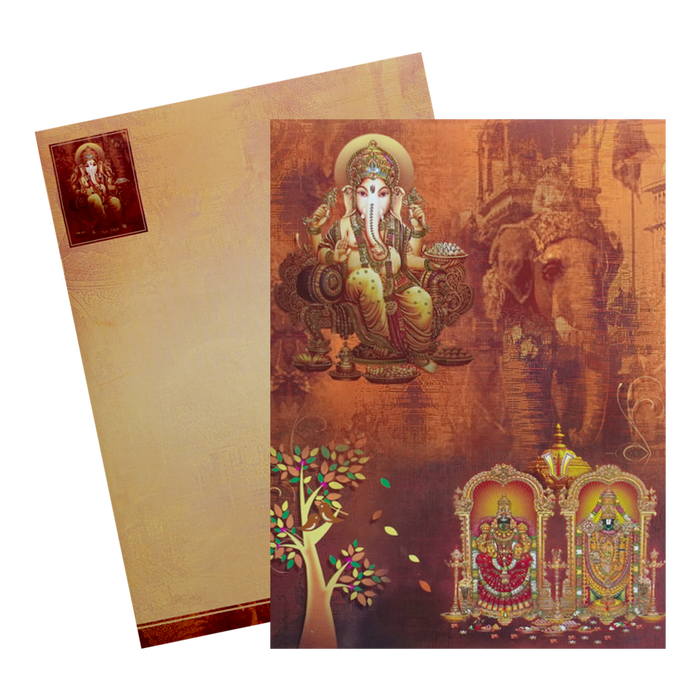 Brown Classic Ganesha With Balaji And Padmavathi Hindu Wedding Card-KNKC4029-King of Cards