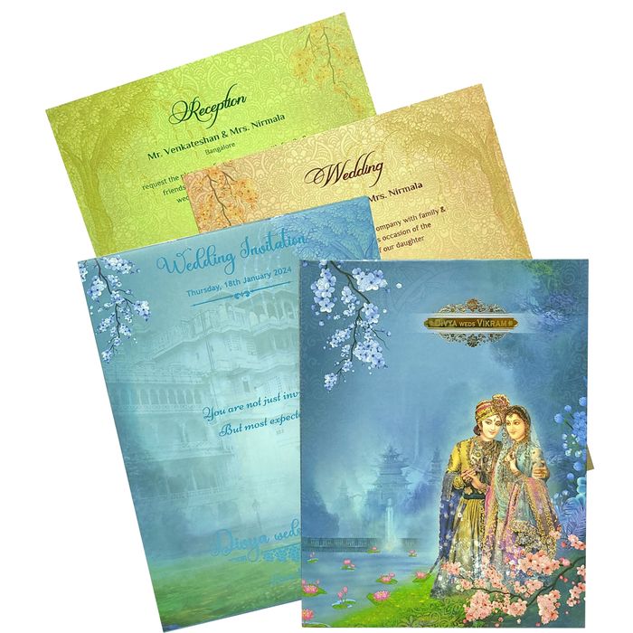 Blue Royal Padded Wedding Card With Palace Background-King of Cards