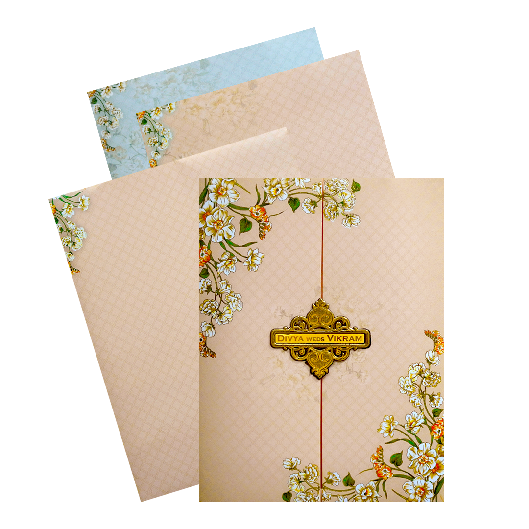 Cream Door Floral Nameplate Wedding Card-KNKJ1145
