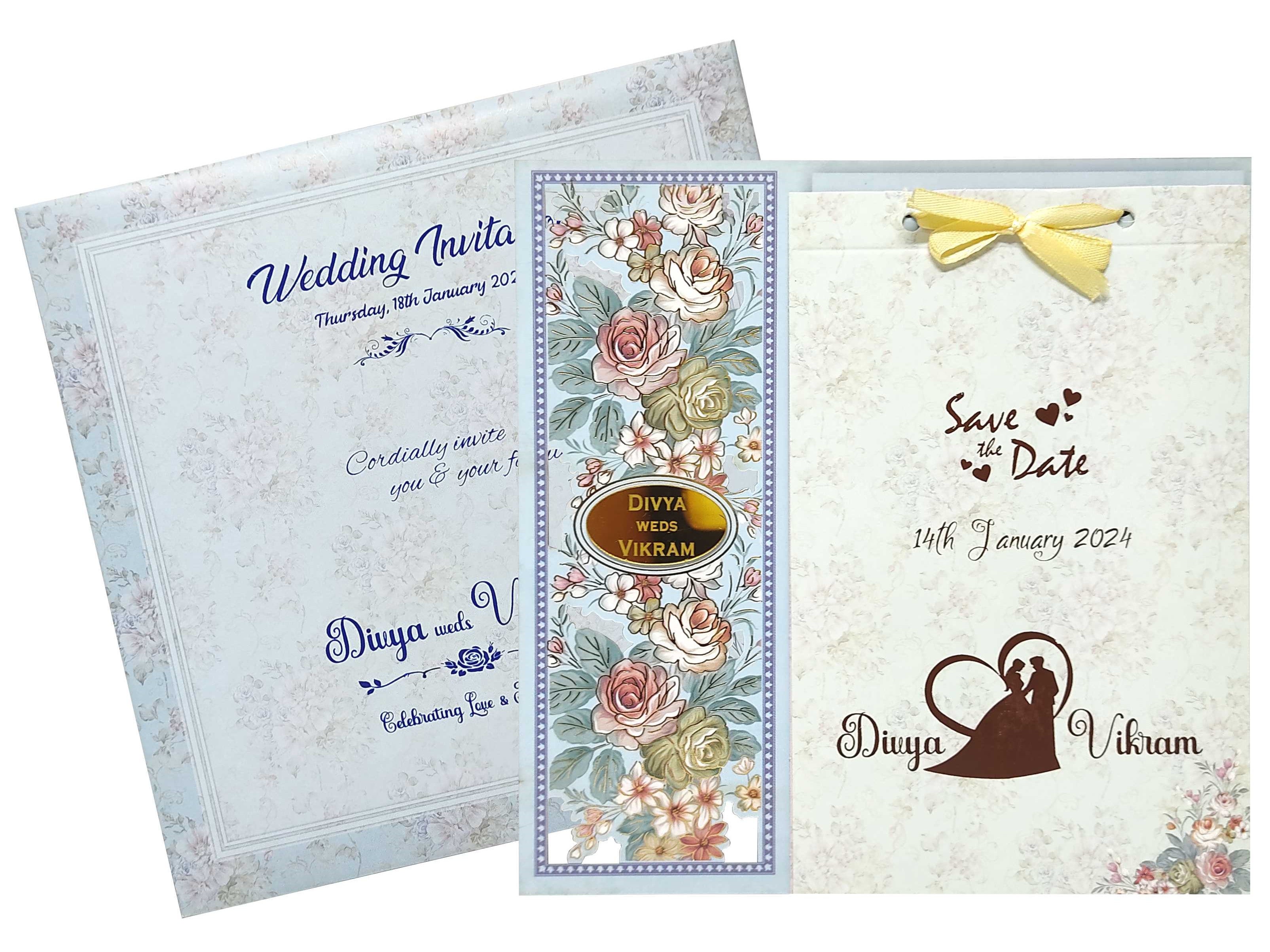 Blue Floral Offset Print Wedding Invitation Card-KNKA8063