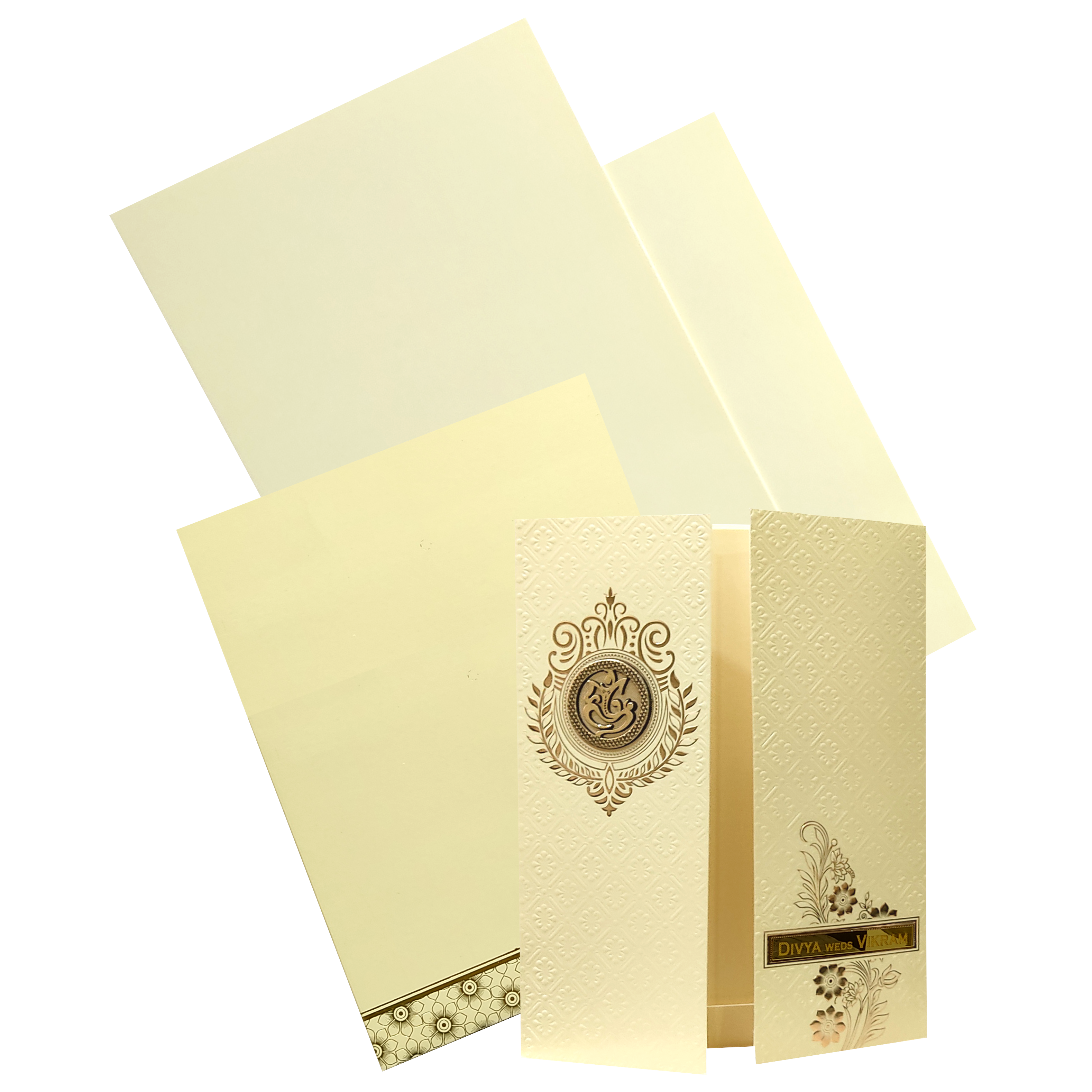 Yellow embossed wedding card features door type opening with an arclyic name plate, ganesha sticker and one insert. Shipping and printing charges are extra.