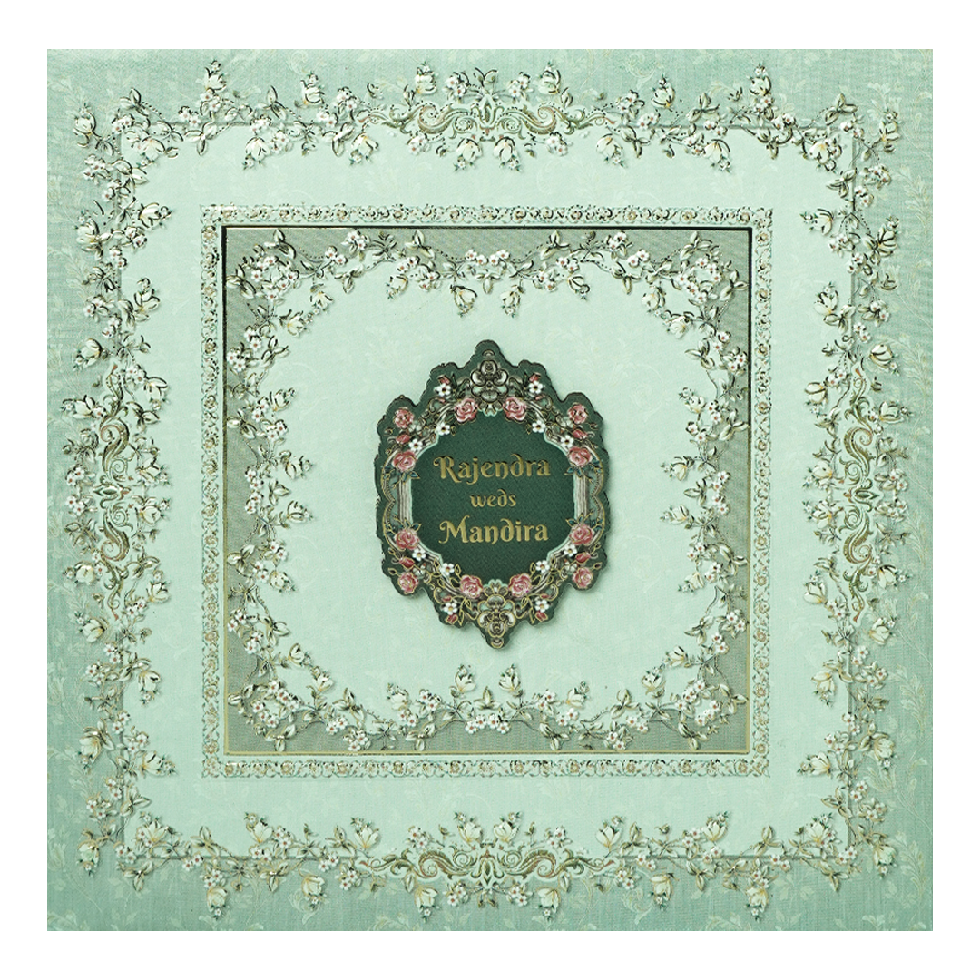 Green Floral Frame Wedding Invitation Box - KSI64190