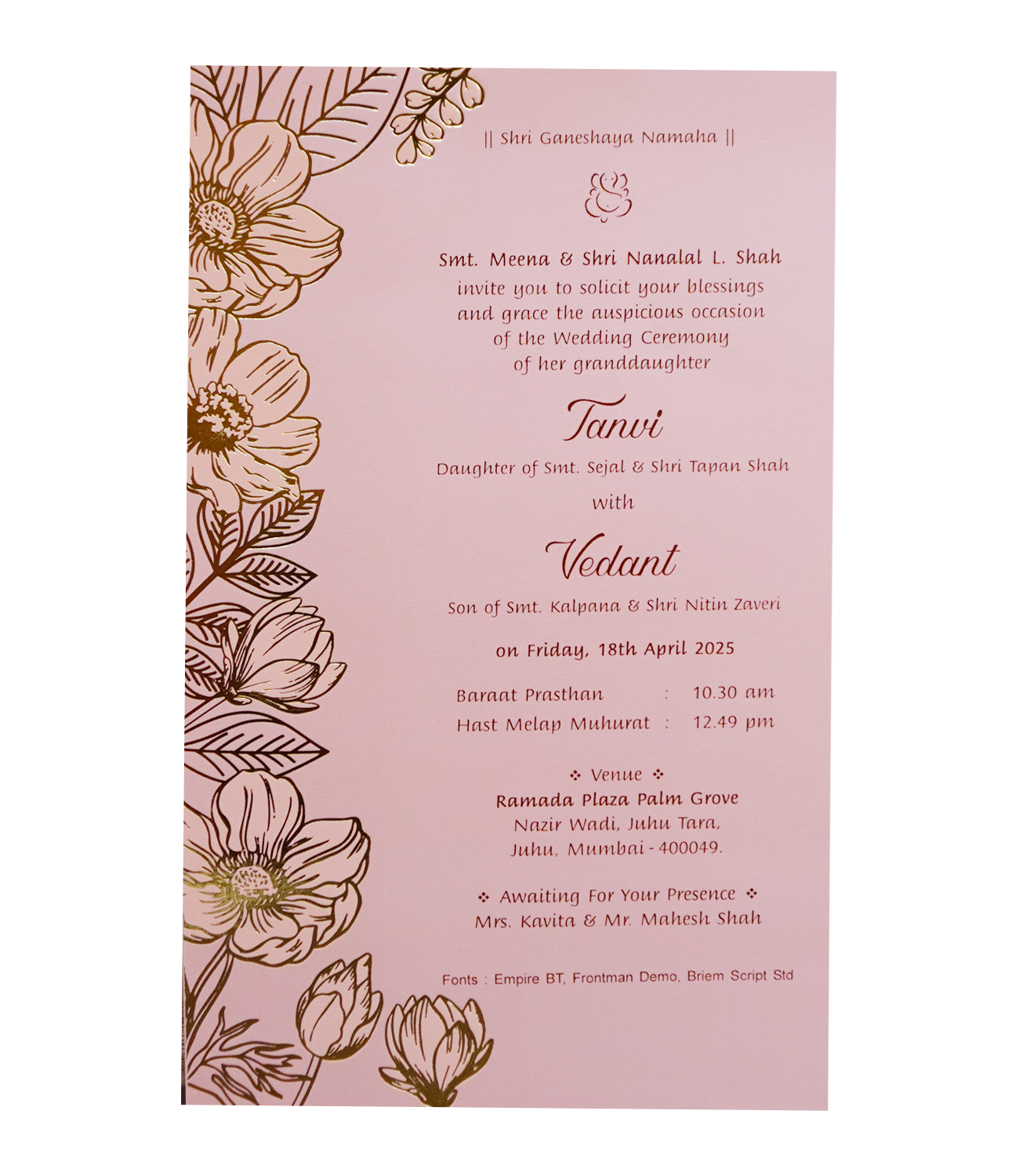 Light Pink Single Sheet Invitation Card-KRCS7312