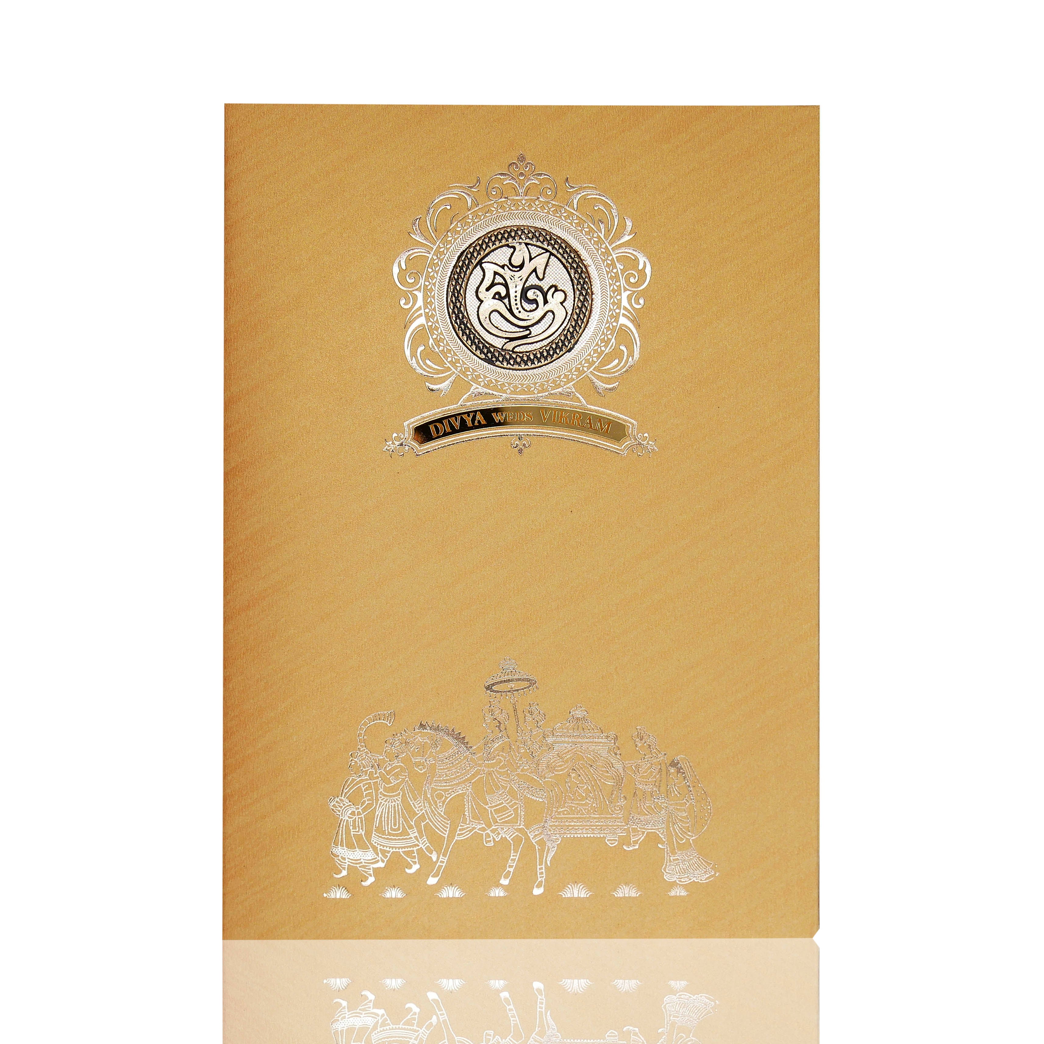 Brown Metallic Baraat Design In Silver Foiling Invitation Card-KNM2101G