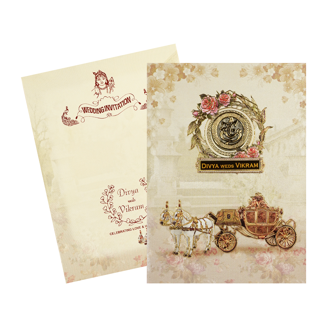 Beige Ganesha Floral Padded Cart Wedding Card - KNPO9535C