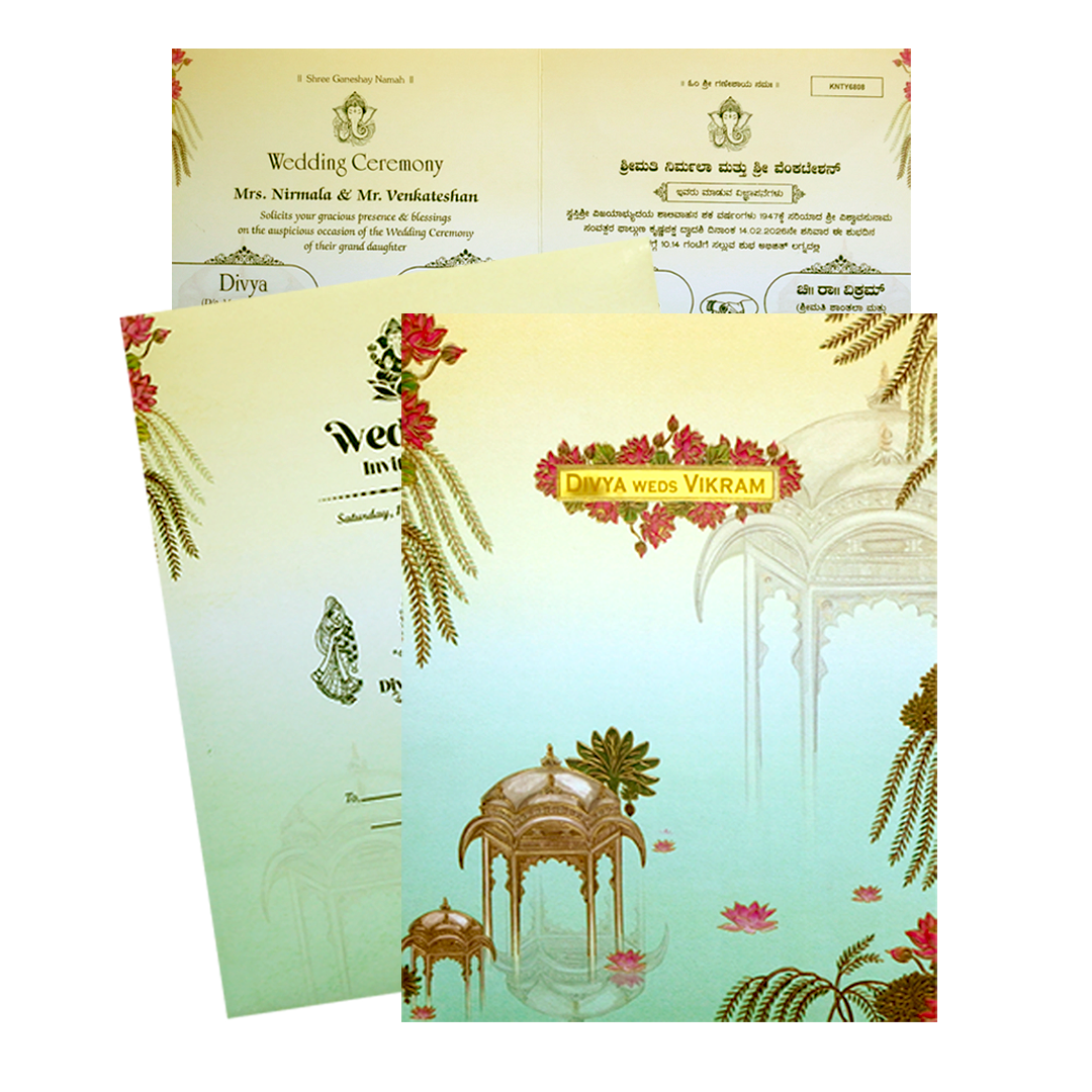 Check out Pastel Green Lotus Pavilion Wedding Card at best price, ✅WhatsApp Support and ✅Express Delivery | King of Cards.