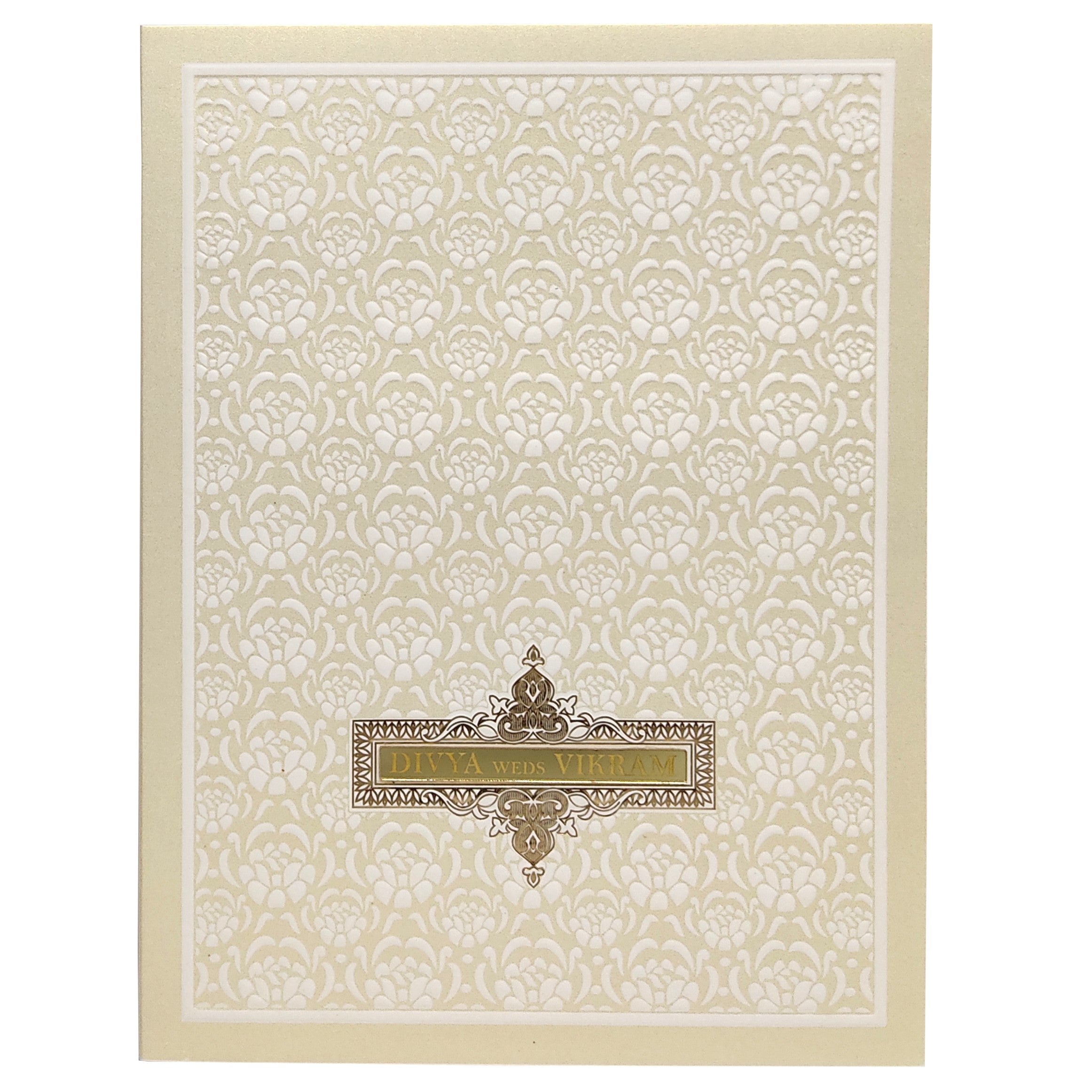 White Metallic Royal Embossed Floral Wedding Card-KNK3051W