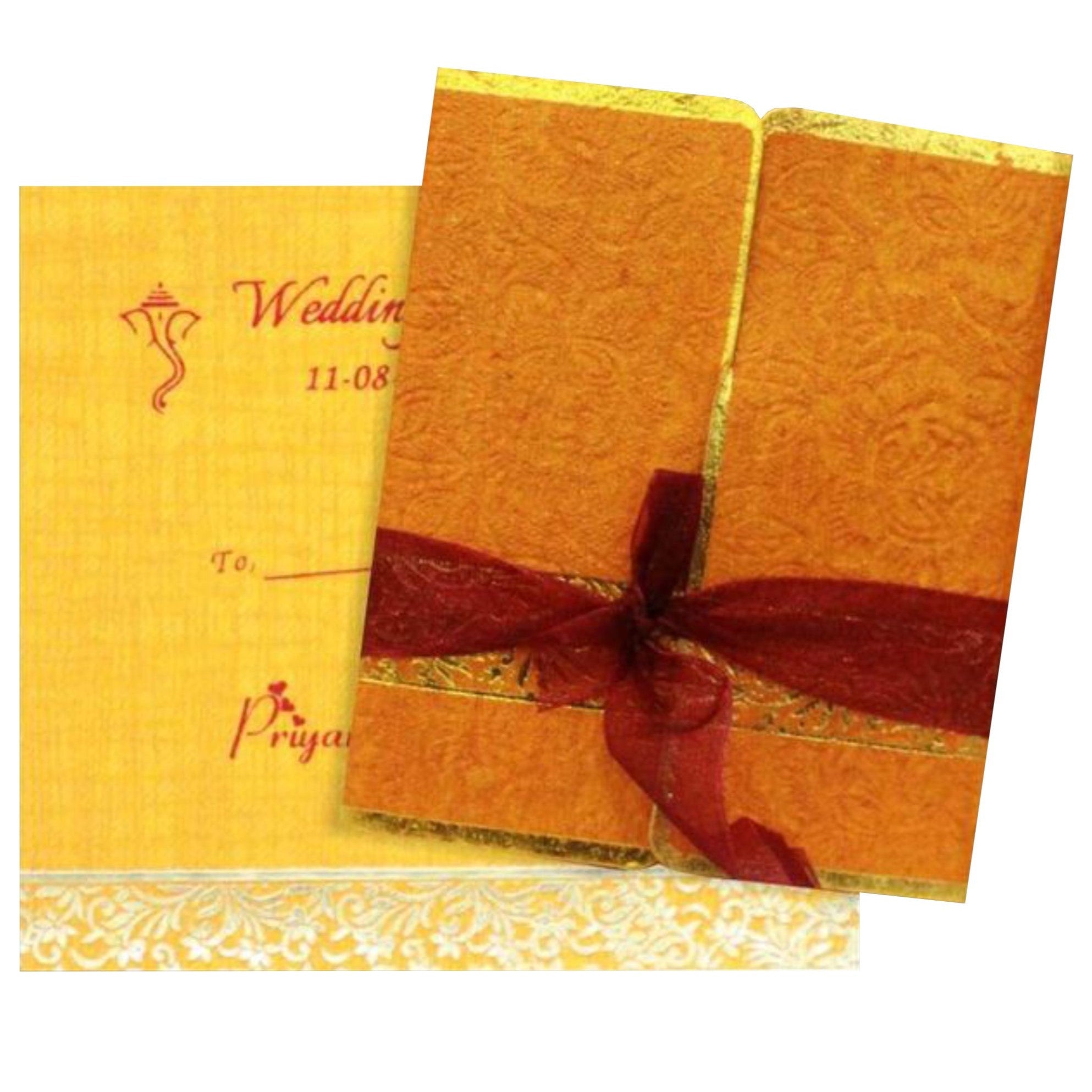 Gorgeous Ribbon With Gold Color Wedding Card - KNK30000