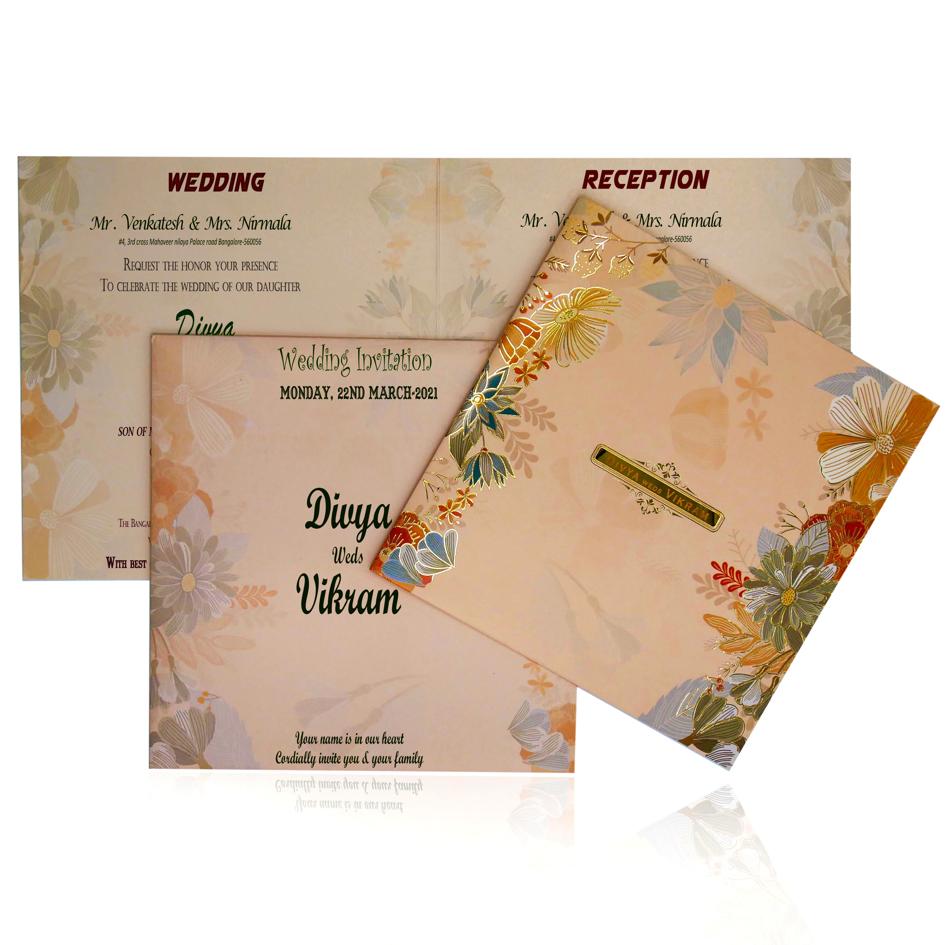 Choose from thousands of floral designs and colors. We are known for our glamorous flowers As seen in the image, our beguiling offset floral wedding cards online in orange lovely.
