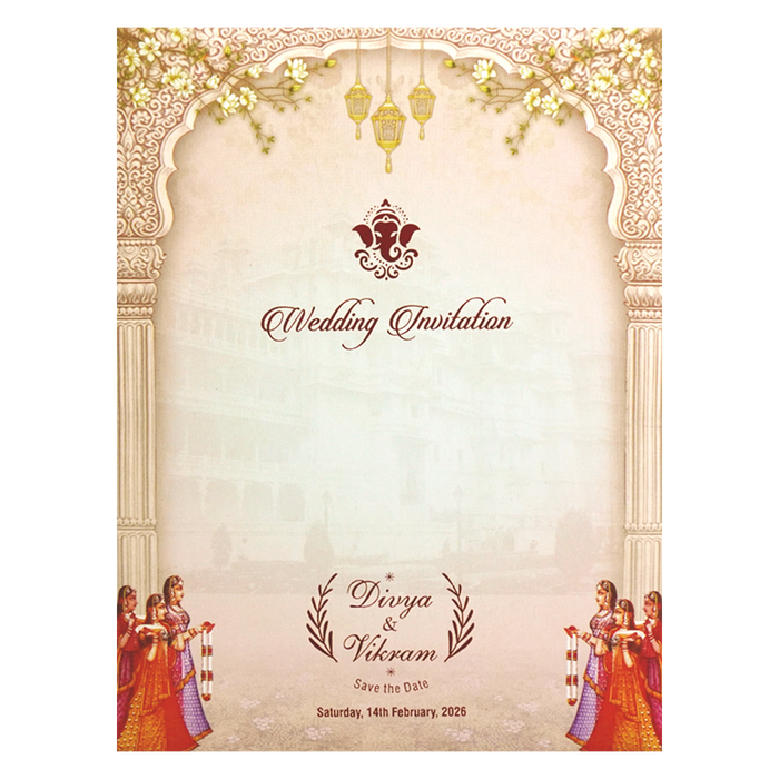 Cream Traditional Dholi Wedding Card-King of Cards