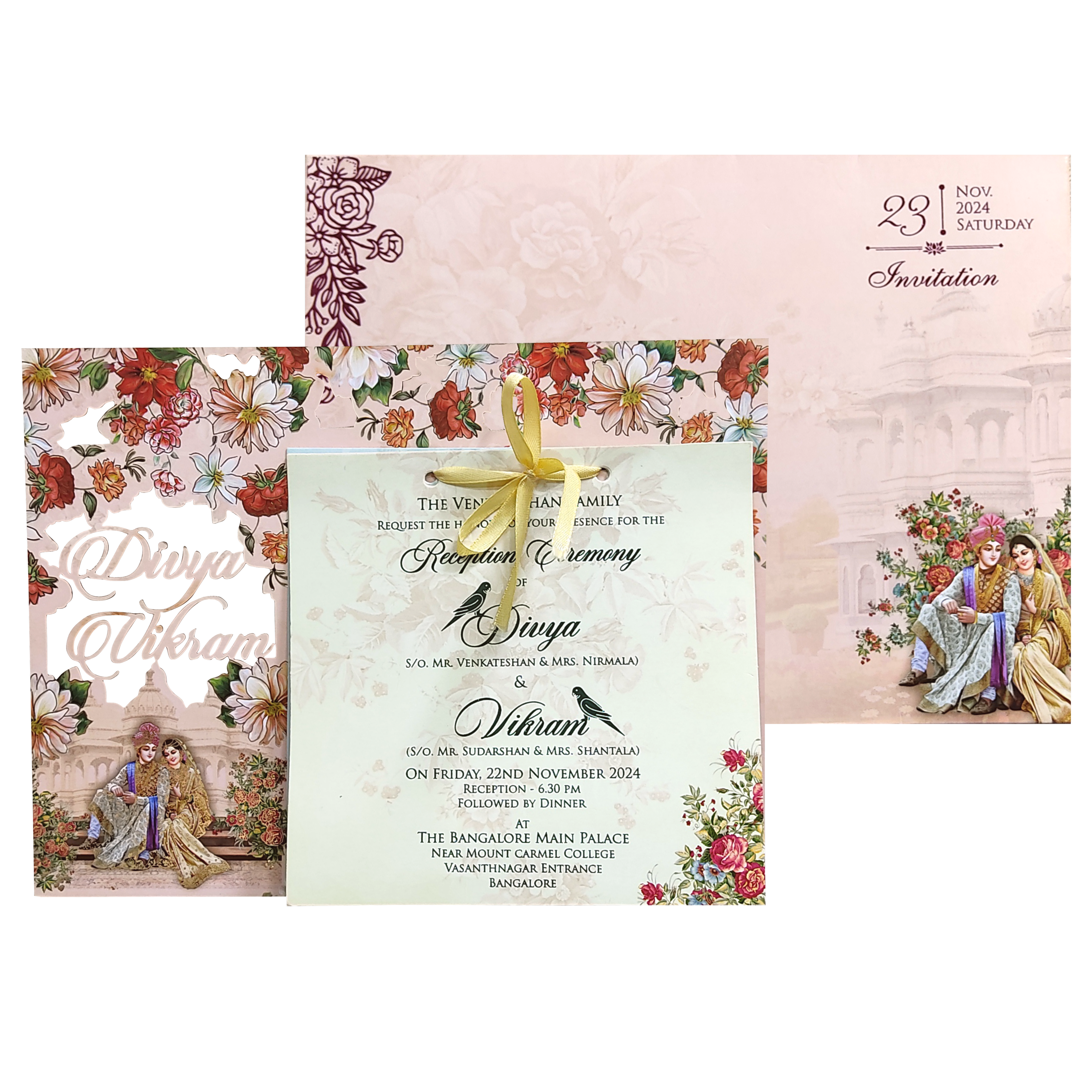 Orange Cream and Pink Flowers Bride and Groom MDF Card-King of Cards