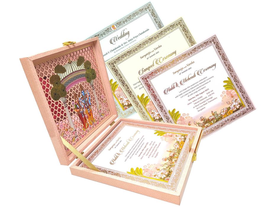 Check out the collection of Pink premium laser cut temple theme with balaji padmavati box invitation card at best price. ? Customer Support ? Home Delivery
