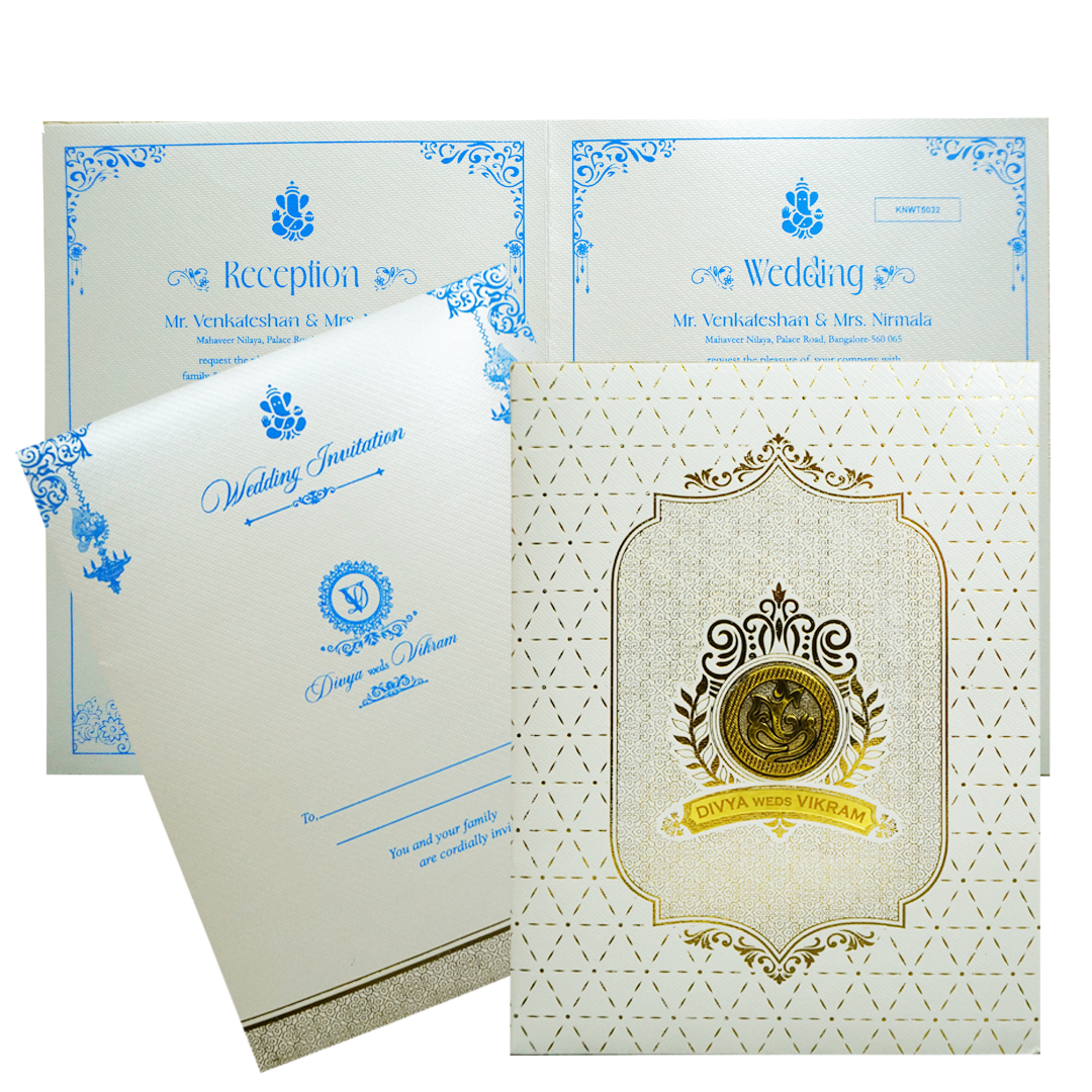 Metallic White Ganesha Wedding Card-KNWT5032