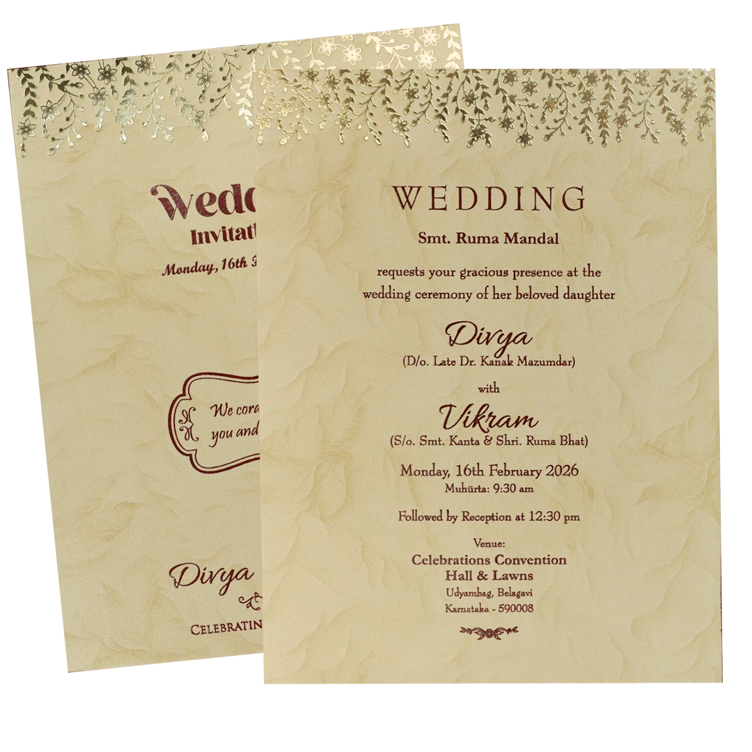 Check out Cream Gold Single Sheet Wedding Card at best price. ?WhatsApp Support ?Express Delivery. | King of Cards