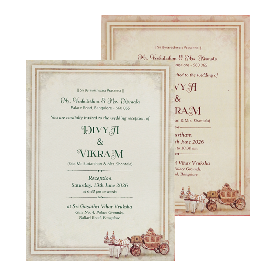 Beige Ganesha Floral Padded Cart Wedding Card - KNPO9535C