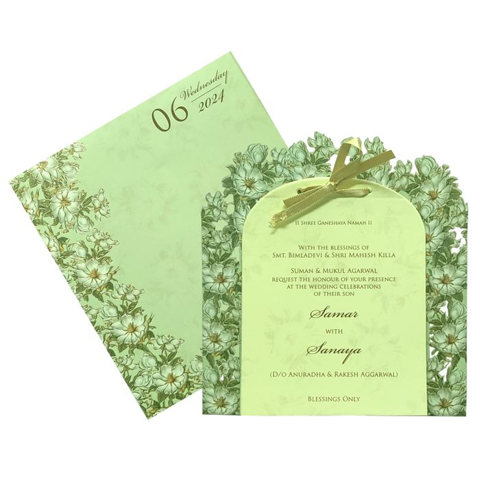 Olive green floral laser cut board invitation card-King of Cards