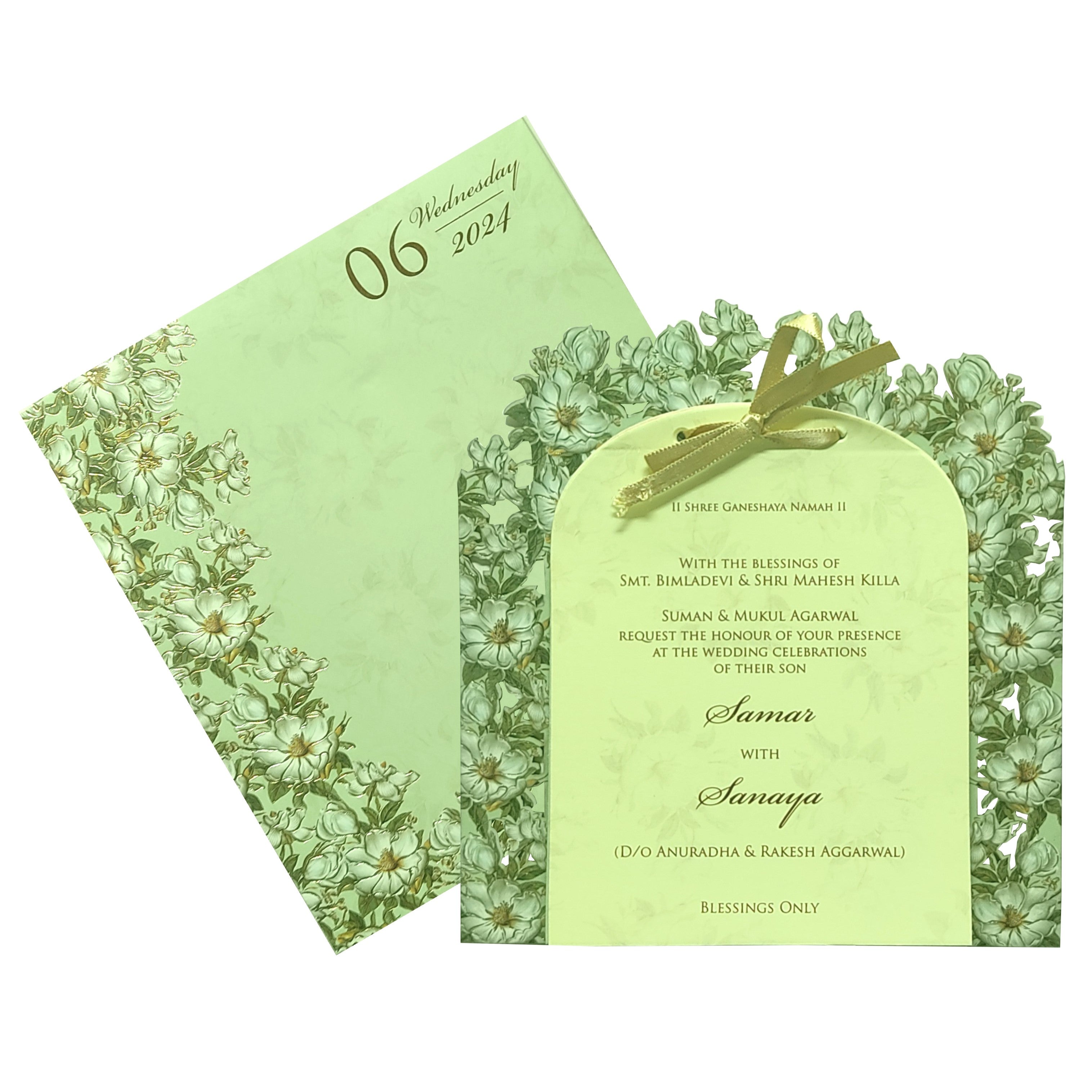 Olive green floral laser cut board invitation card-KPR07910