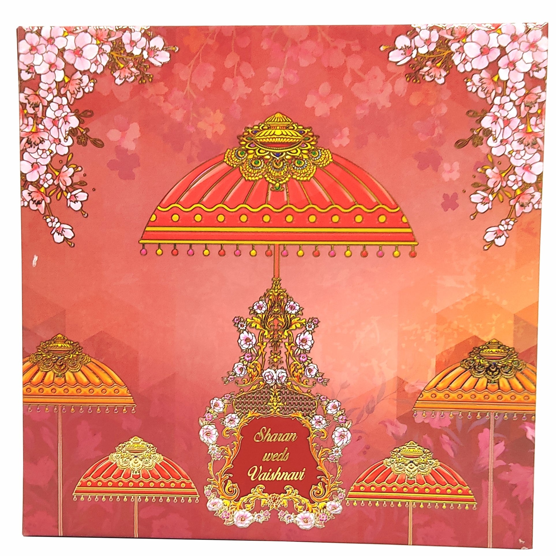 Red padded pink floral and designed umbrella scodix invitation card-King of Cards