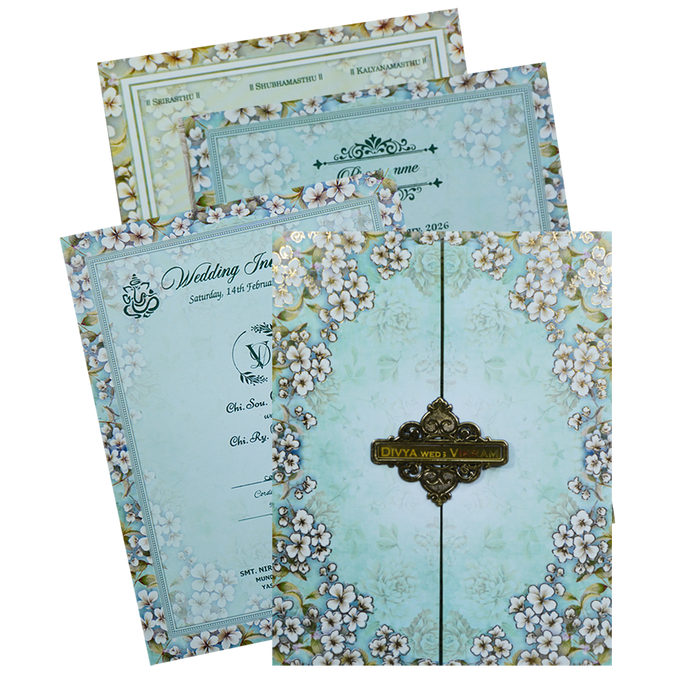 Blue White Floral Door Invitation Card-KNKJ1115