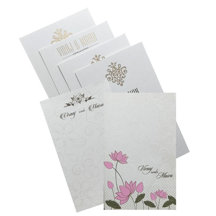White Embossed Lotus Invitation Card-KRC28320