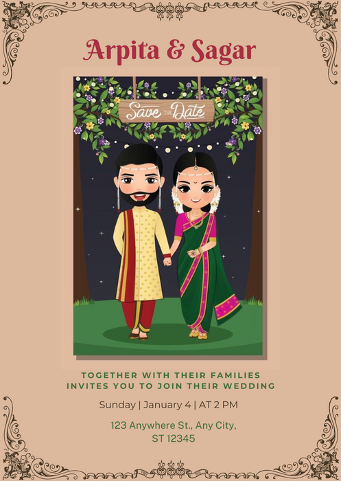 Beige Caricature Marathi Wedding Invitation-King of Cards