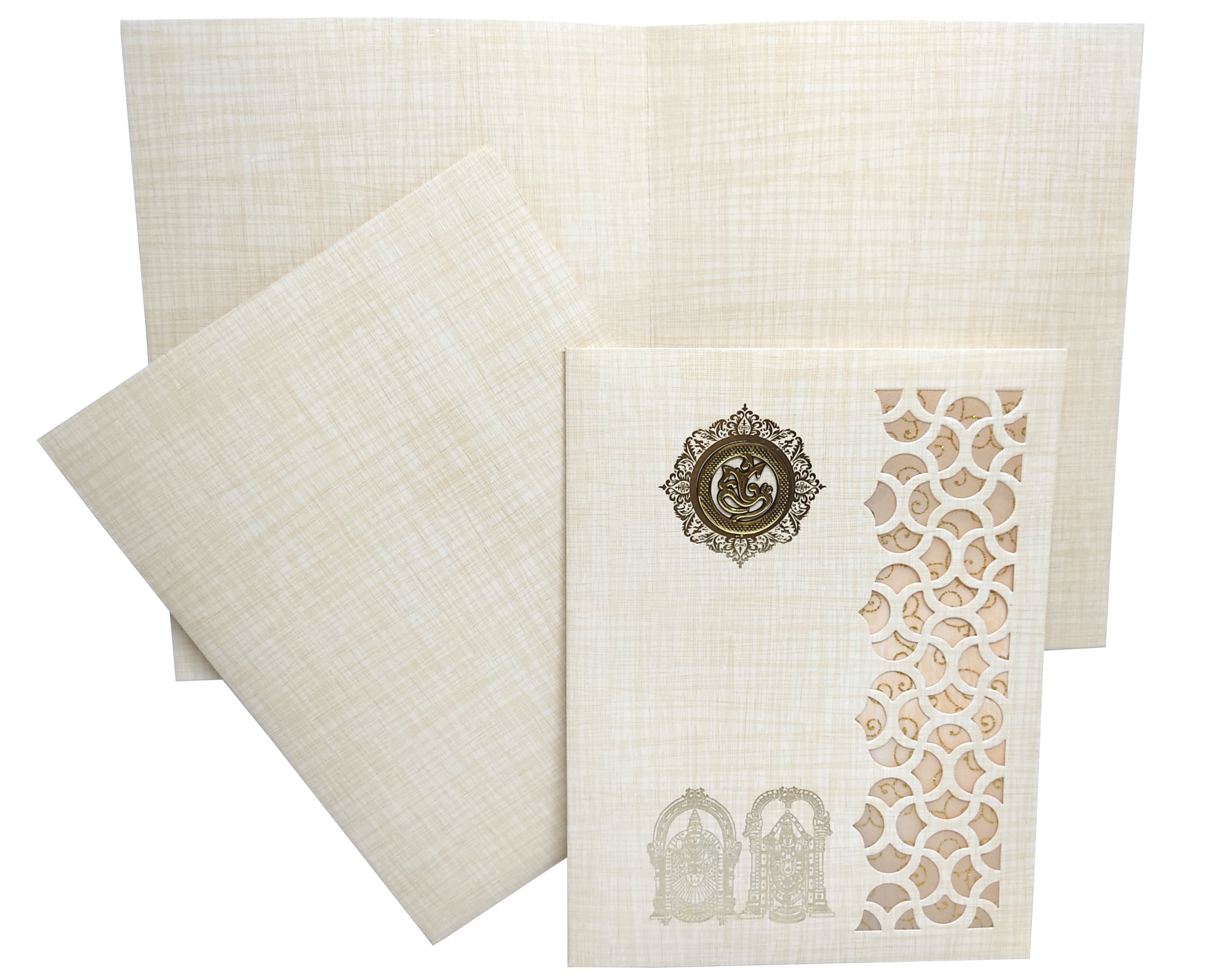 Selling White balaji-padmavathi wolly with ganesha sticker envelope invitation card online. Buying invitation cards made easy with King of Cards! &