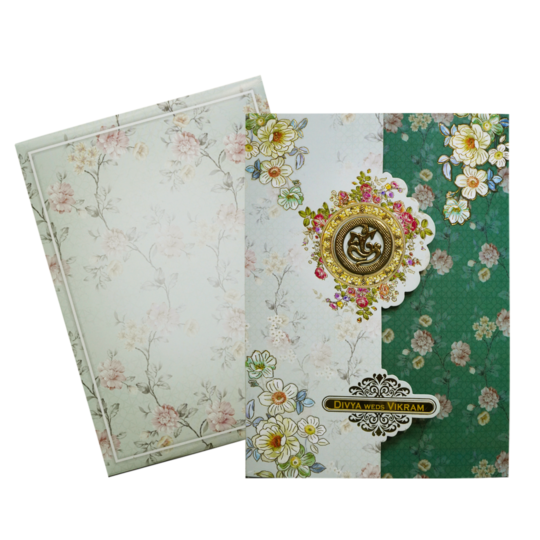Green Floral Three-Fold Wedding Card-KNLY6102