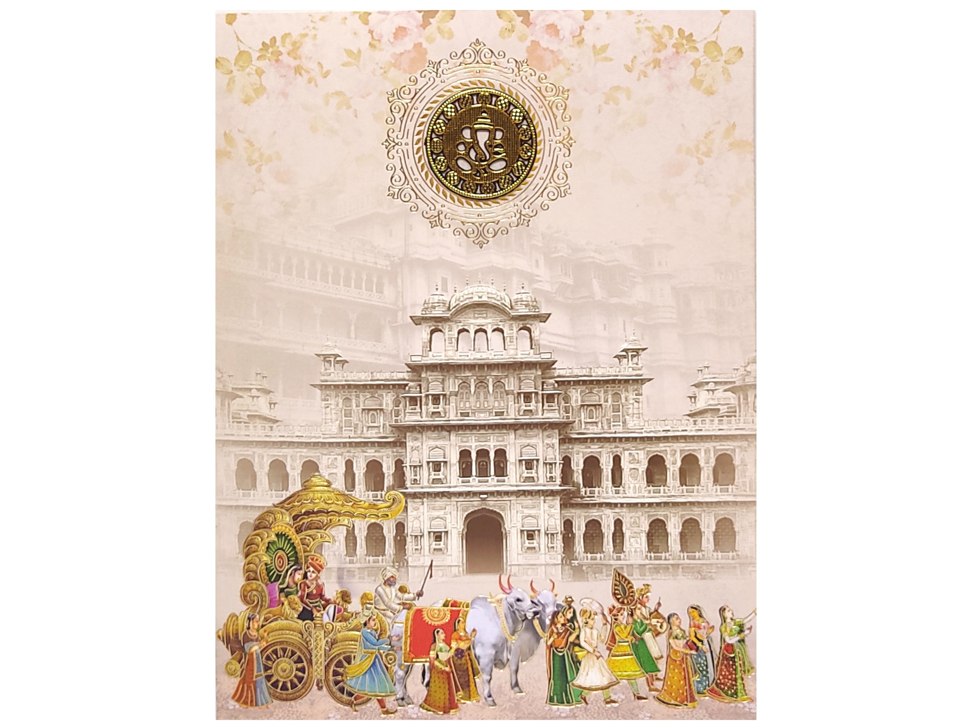 Grey Offset Print With Palace and Baraat Design Invitation-KNKJ1099