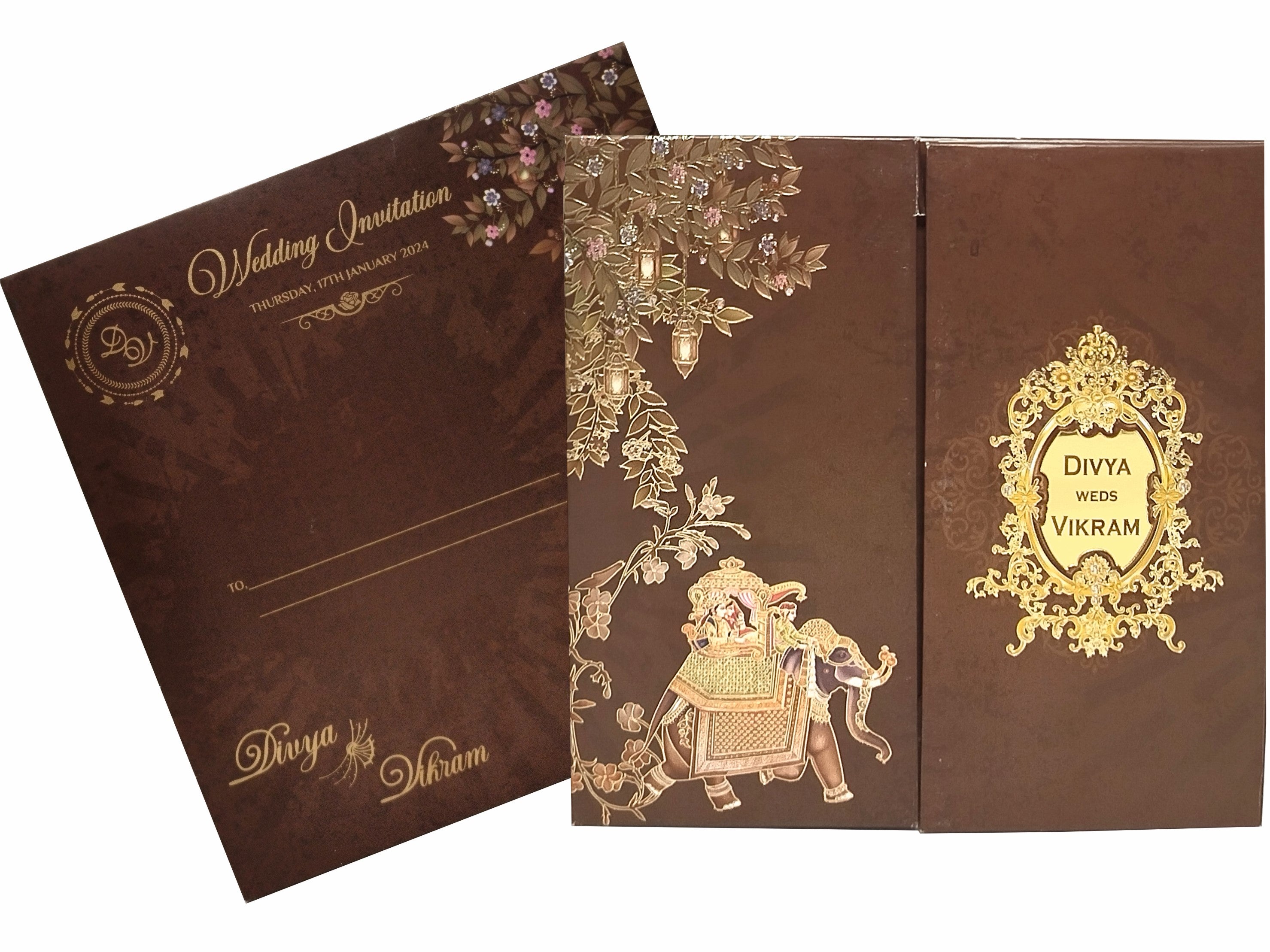 Brown Padded Floral Gold Foiling Print With Open Door Type-KNPO5518N